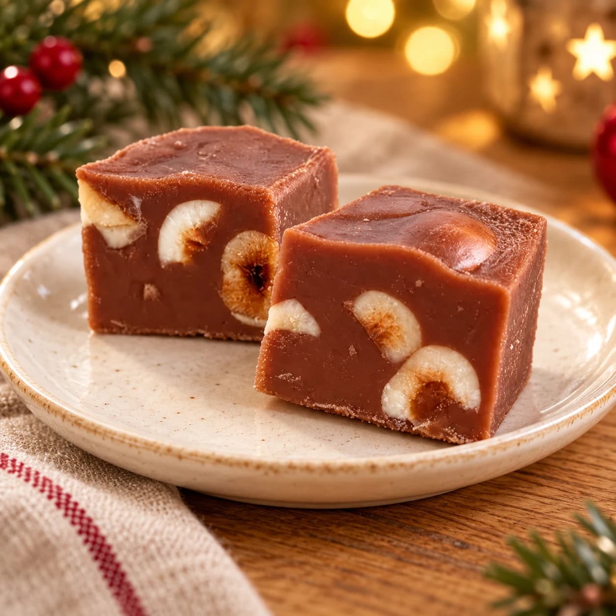 Schokoladenwürfel in weihnachtlicher Atmosphäre – KI-Inszenierung auf Basis der Produktvorlage